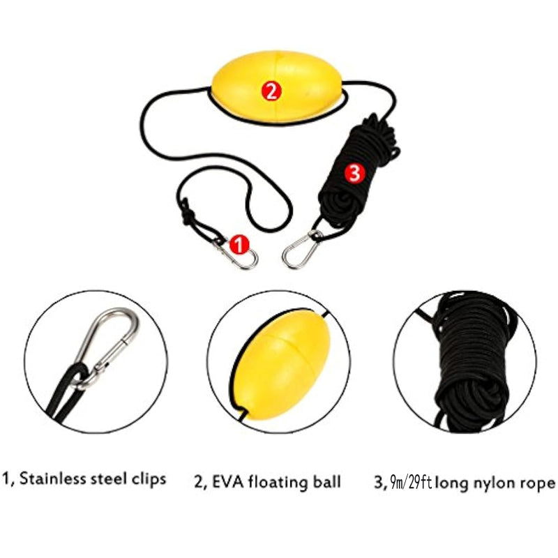 Drift Anchor Tow Throw Leash Line With EVA Buoy Ball & Clip, Kayak Canoe Accessories