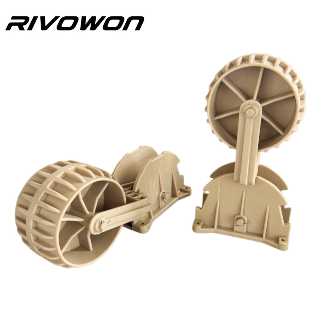 A pair of brown heavy-duty fixed stern pulleys