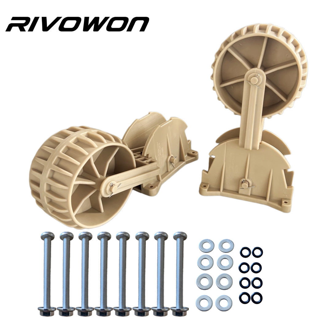A pair of brown heavy-duty fixed stern pulleys