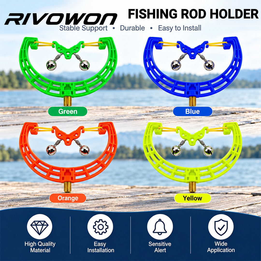 RIVOWON Carp Fishing Rod Rest with Dual Alarm Bells – U-Shape Rod Holder with Elastic Lock & M8 Thread