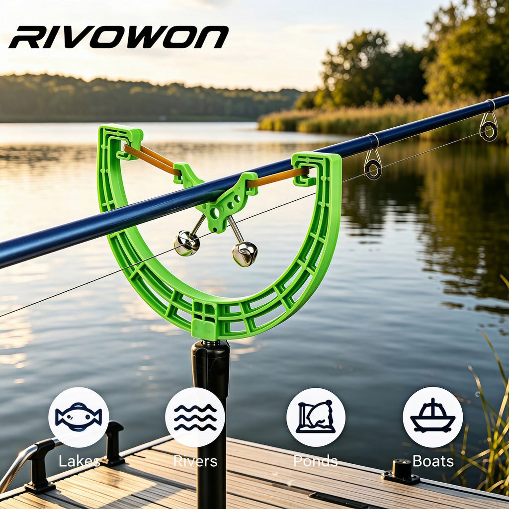 RIVOWON Carp Fishing Rod Rest with Dual Alarm Bells – U-Shape Rod Holder with Elastic Lock & M8 Thread
