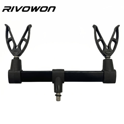 RIVOWON 2-Rod Adjustable Fishing Rod Holder Support Bar with Two V-Rests, black on white background