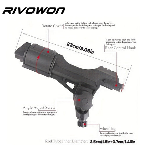 360° Inflatable Boat Fishing Rod Holder dimension diagram with labeled components and size specs