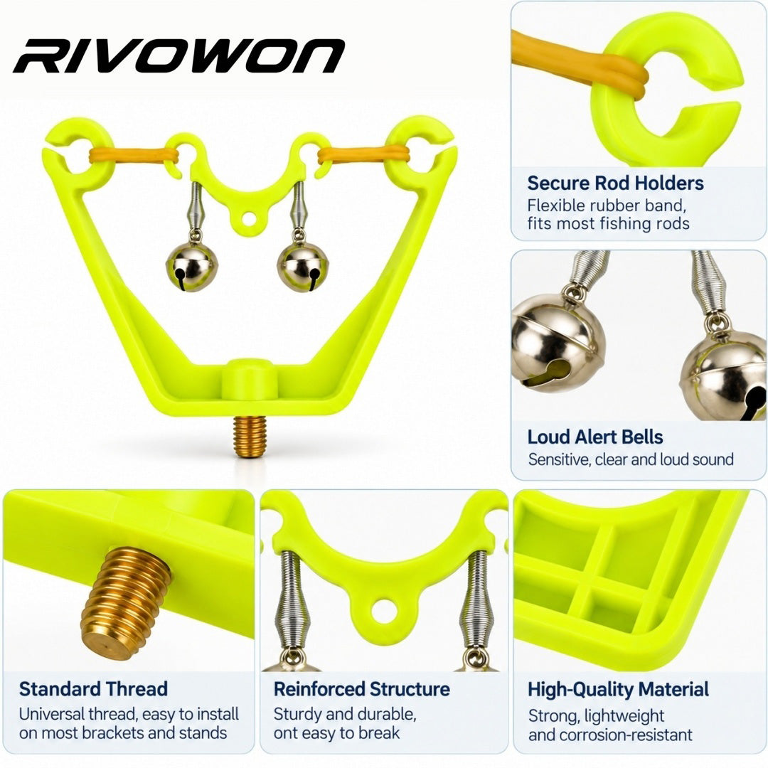 carp fishing rod rest with dual bite alarm bells showing structural close up details