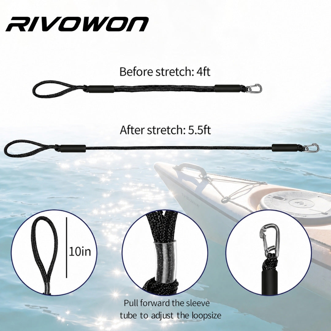 stretchable nylon boat dock line with stainless steel snap hook stretch size comparison diagram