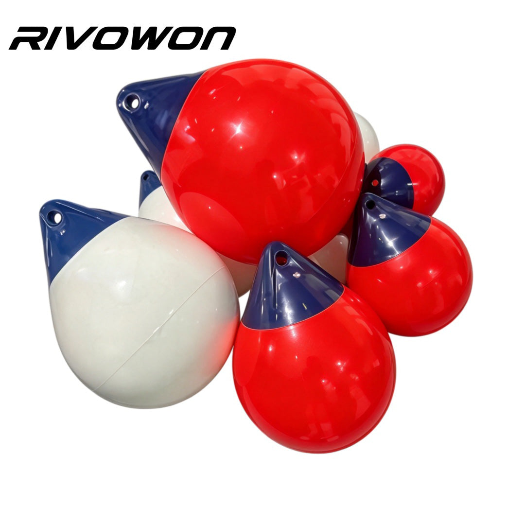 RIVOWON PVC mooring buoy ball and round boat fender with eyelet, red white blue marine buoys stacked display