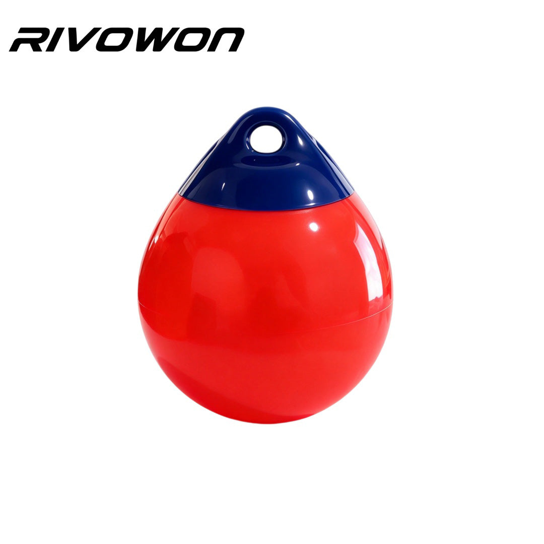 RIVOWON PVC mooring buoy ball and round boat fender with eyelet, red blue teardrop boat bumper isolated on white background