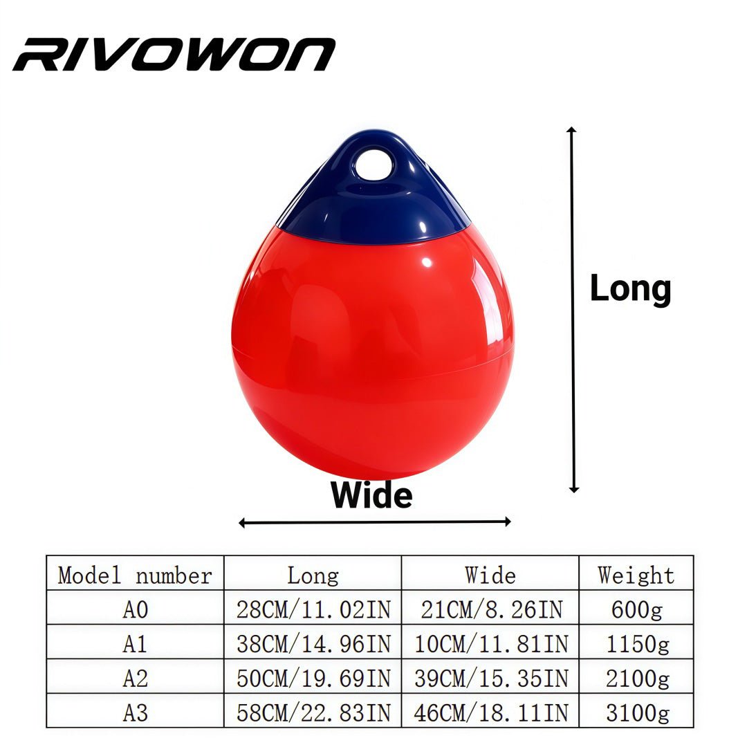 PVC mooring buoy ball and round boat fender with eyelet, product dimension and weight specification chart