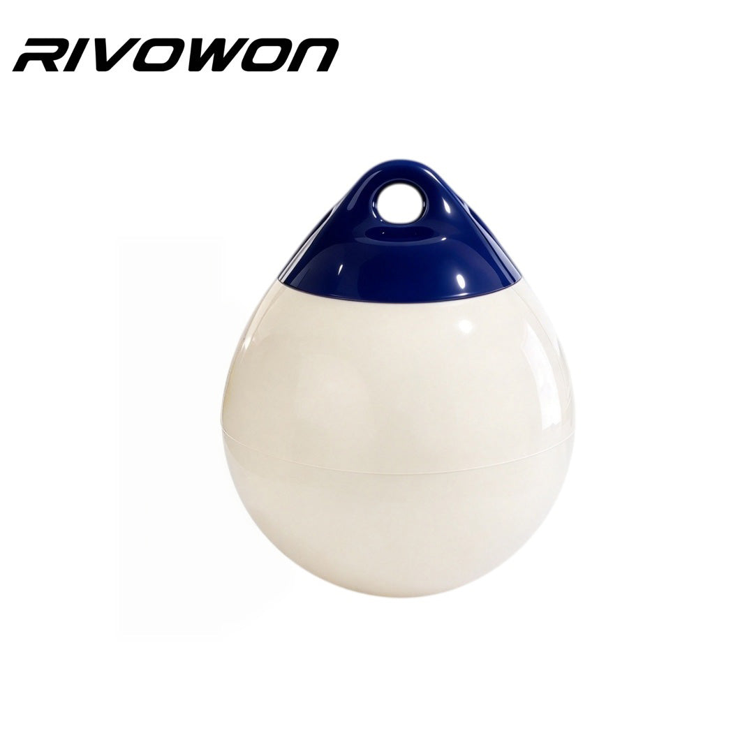 PVC mooring buoy ball and round boat fender with eyelet, white blue teardrop boat fender isolated on white background