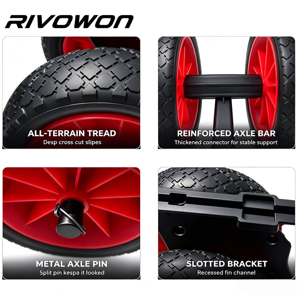 Fin-Slot SUP Dolly Cart close-up details: all-terrain tread, reinforced axle, metal pin and slotted bracket
