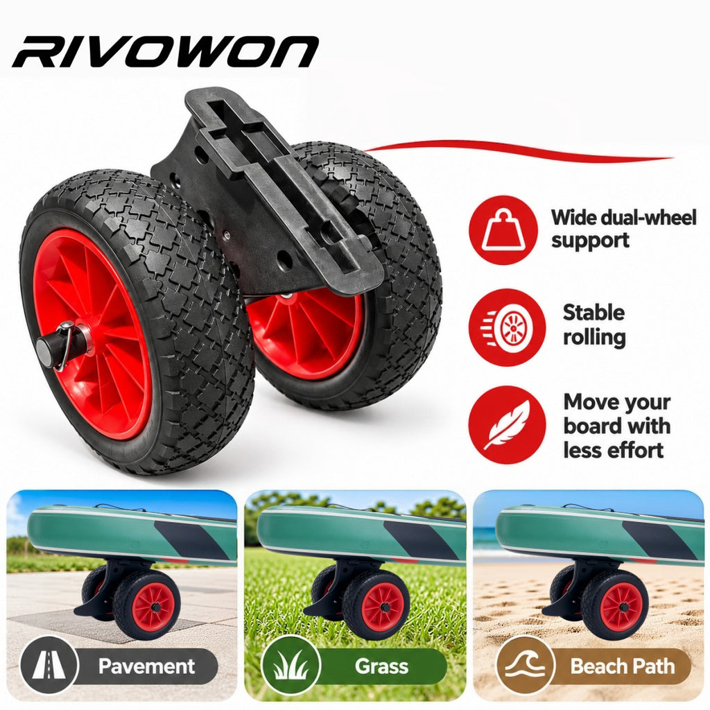 RIVOWON Tool-Free Fin-Slot SUP Dolly Cart, all-terrain paddle board carrier for pavement, grass and beach