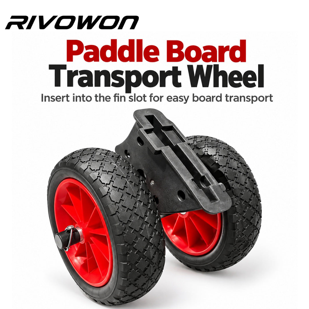 Tool-Free Fin-Slot SUP Dolly Cart, dual all-terrain paddle board transport wheel graphic